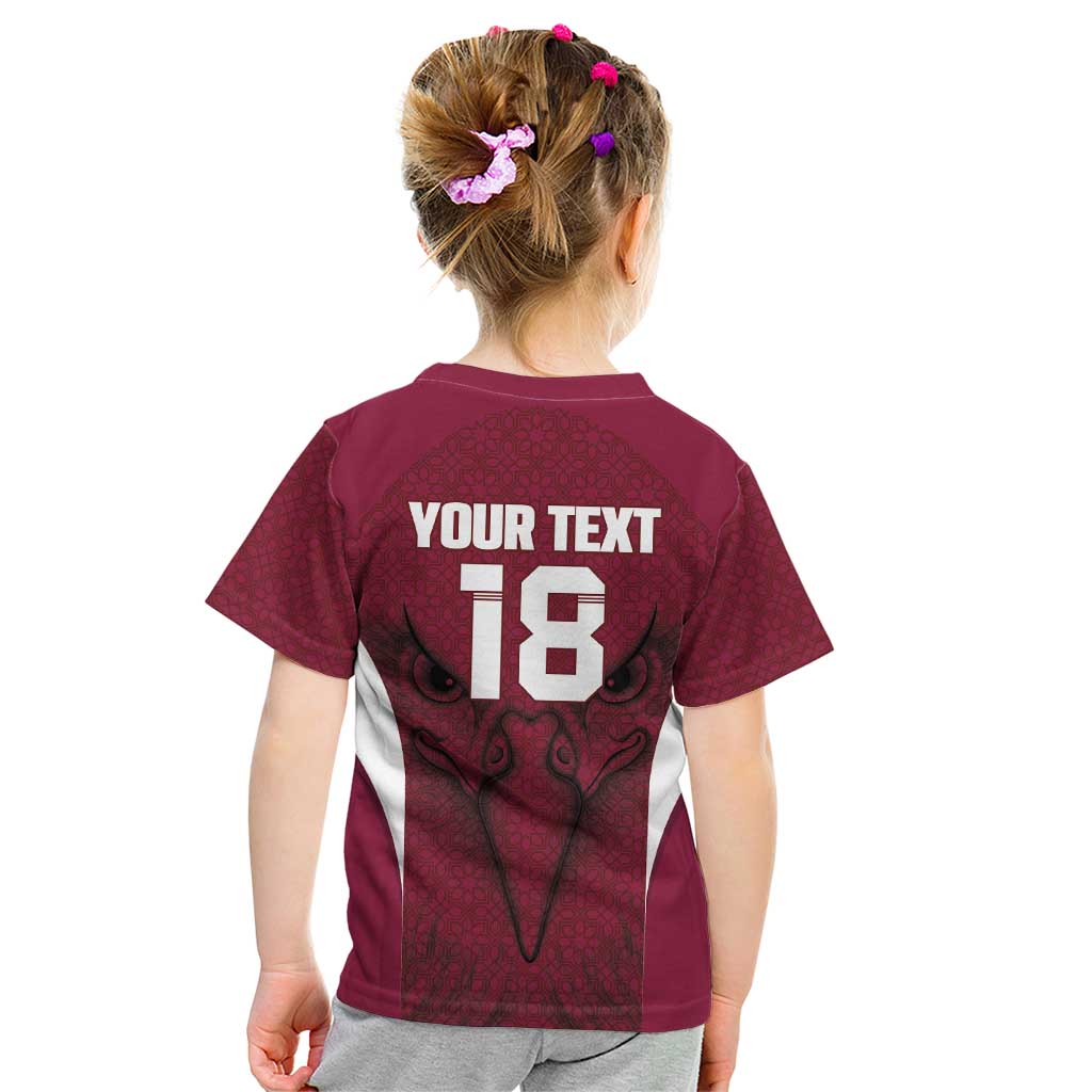 Custom Qatar Football Kid T Shirt Maroon Falcon Spirit Red Version - Wonder Print Shop