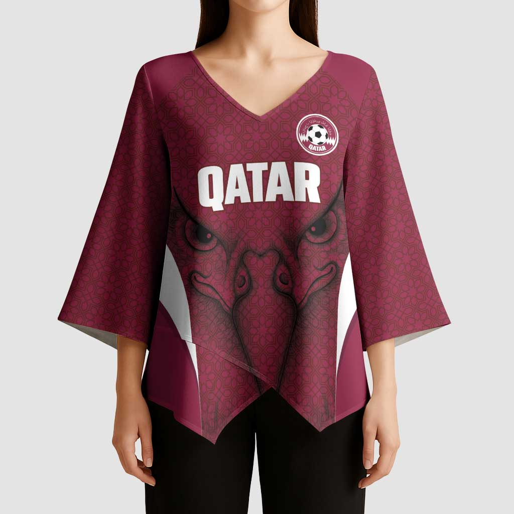 Custom Qatar Football Kimono Sleeve Blouse Maroon Falcon Spirit Red Version - Wonder Print Shop