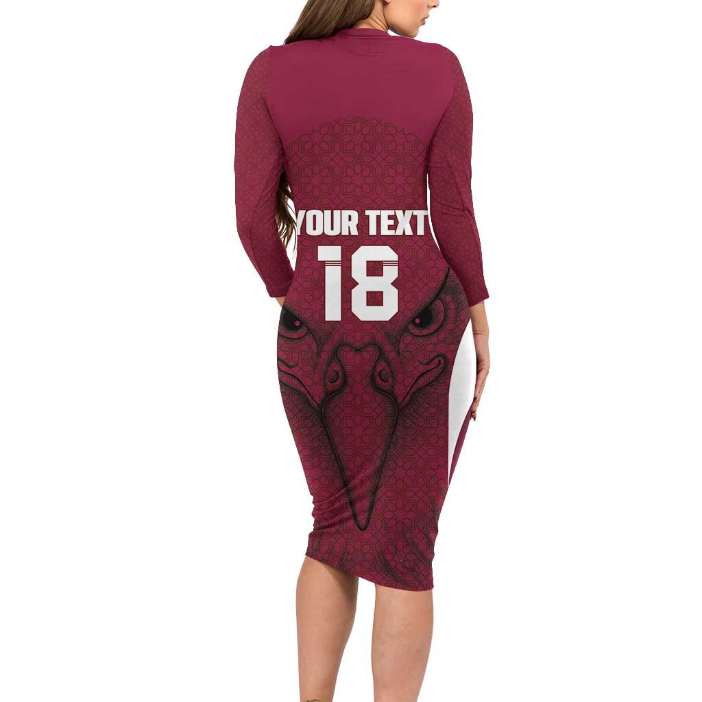 Custom Qatar Football Long Sleeve Bodycon Dress Maroon Falcon Spirit Red Version - Wonder Print Shop