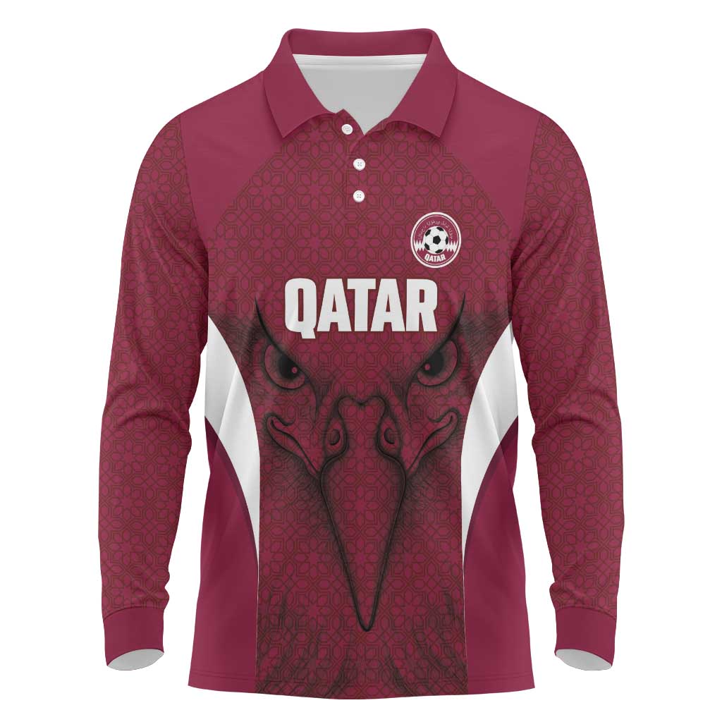Custom Qatar Football Long Sleeve Polo Shirt Maroon Falcon Spirit Red Version - Wonder Print Shop