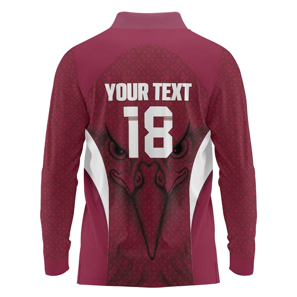 Custom Qatar Football Long Sleeve Polo Shirt Maroon Falcon Spirit Red Version - Wonder Print Shop