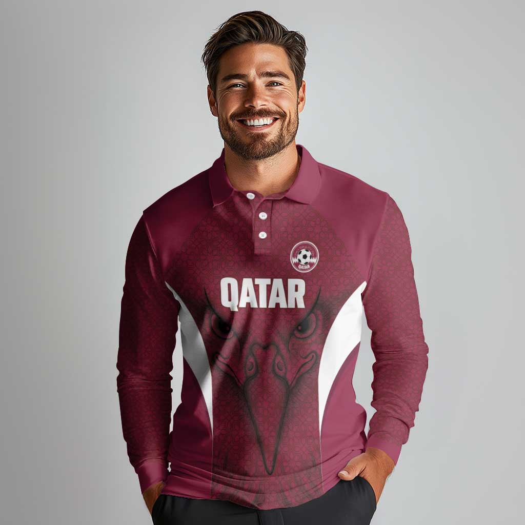 Custom Qatar Football Long Sleeve Polo Shirt Maroon Falcon Spirit Red Version - Wonder Print Shop
