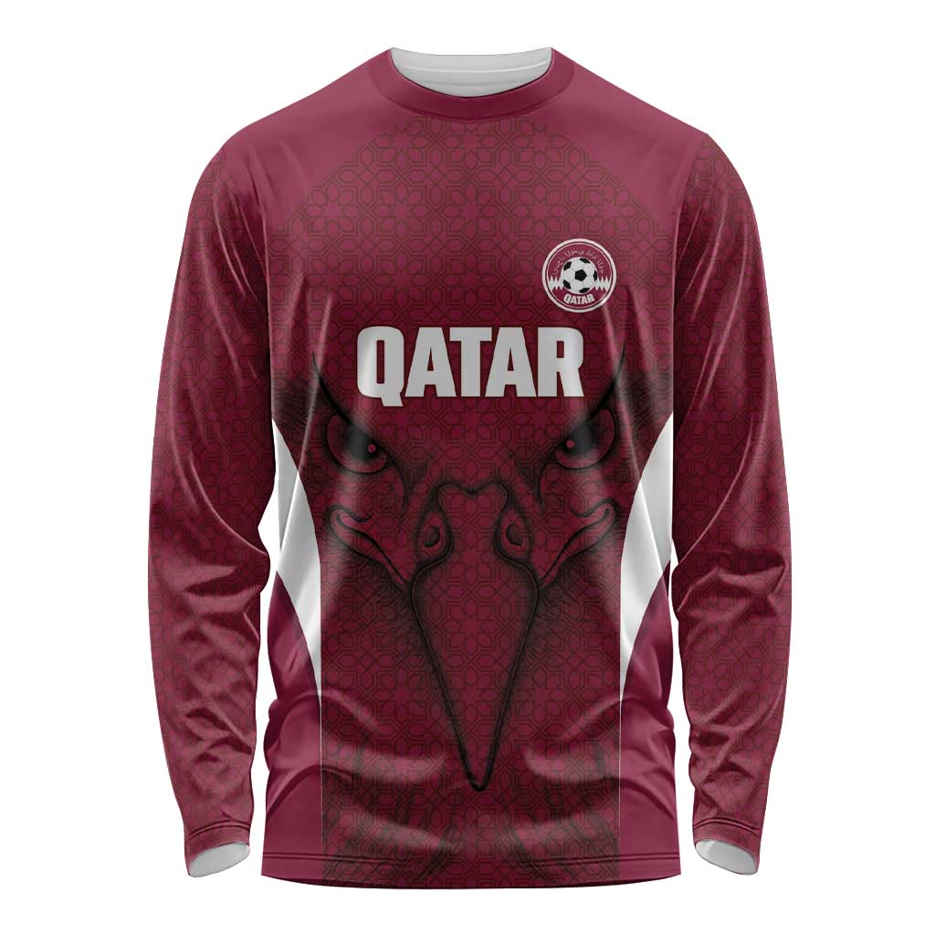 Custom Qatar Football Long Sleeve Shirt Maroon Falcon Spirit Red Version - Wonder Print Shop