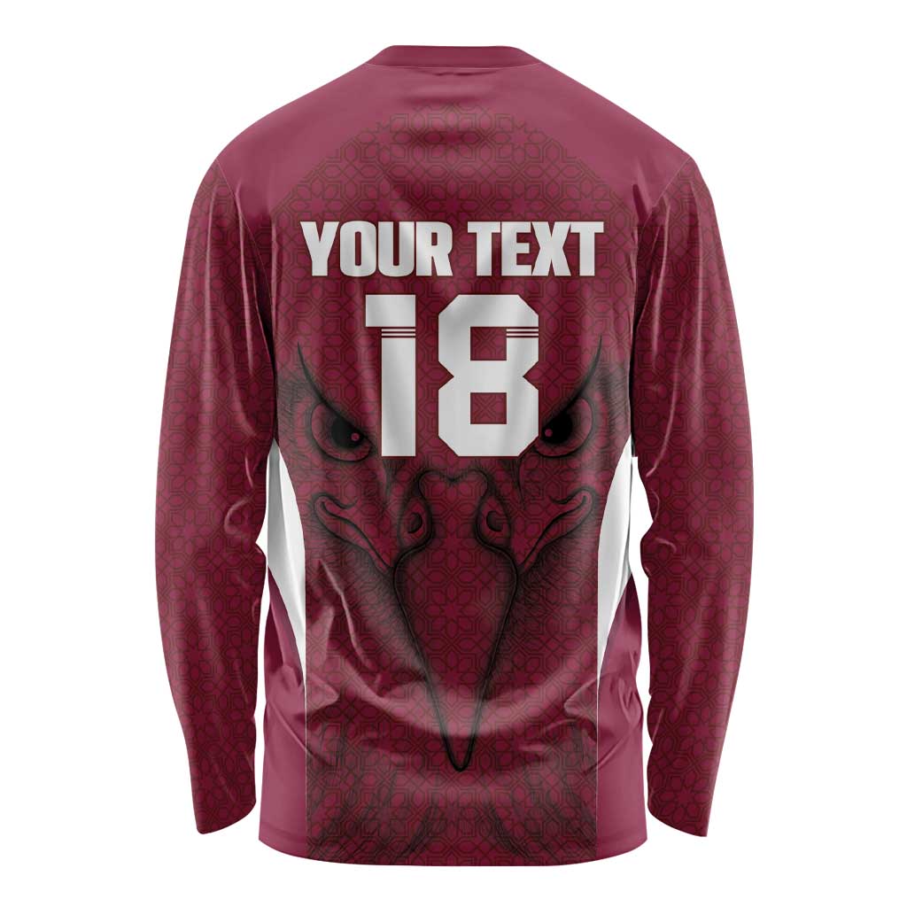 Custom Qatar Football Long Sleeve Shirt Maroon Falcon Spirit Red Version - Wonder Print Shop