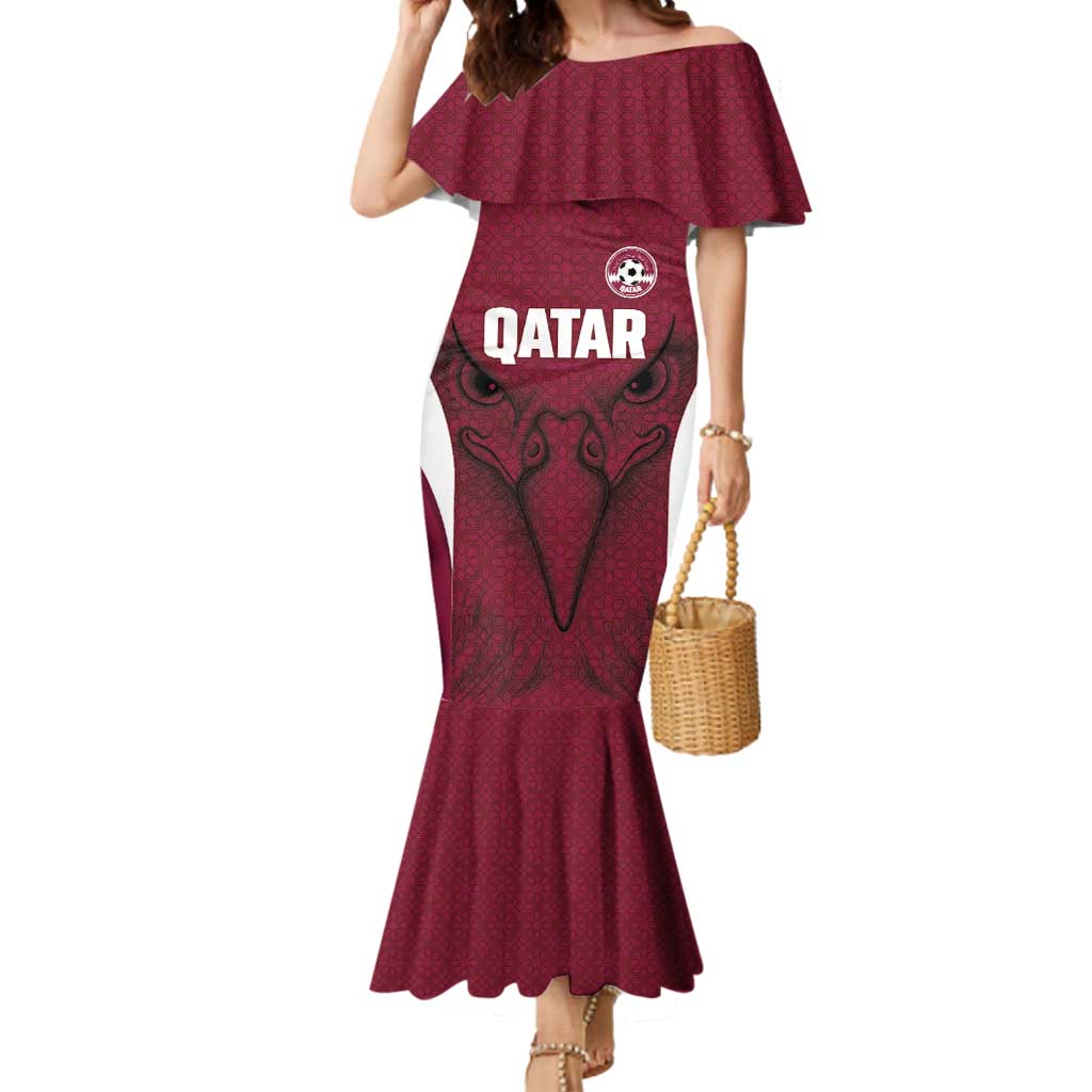 Custom Qatar Football Mermaid Dress Maroon Falcon Spirit Red Version - Wonder Print Shop