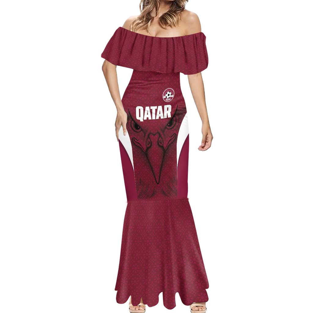 Custom Qatar Football Mermaid Dress Maroon Falcon Spirit Red Version - Wonder Print Shop