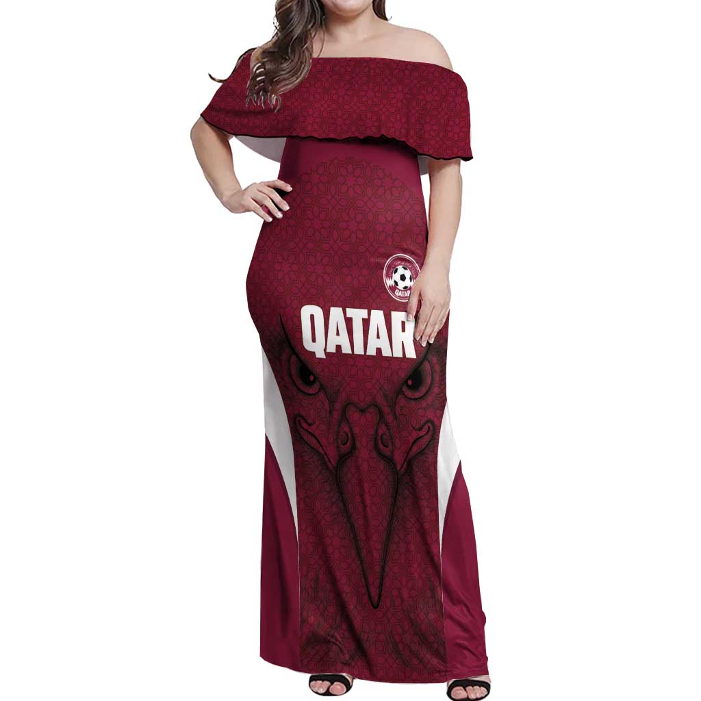 Custom Qatar Football Off Shoulder Maxi Dress Maroon Falcon Spirit Red Version - Wonder Print Shop
