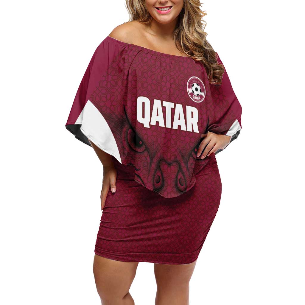 Custom Qatar Football Off Shoulder Short Dress Maroon Falcon Spirit Red Version - Wonder Print Shop