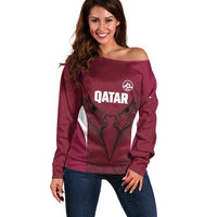 Custom Qatar Football Off Shoulder Sweater Maroon Falcon Spirit Red Version - Wonder Print Shop