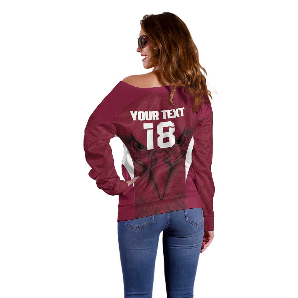 Custom Qatar Football Off Shoulder Sweater Maroon Falcon Spirit Red Version - Wonder Print Shop