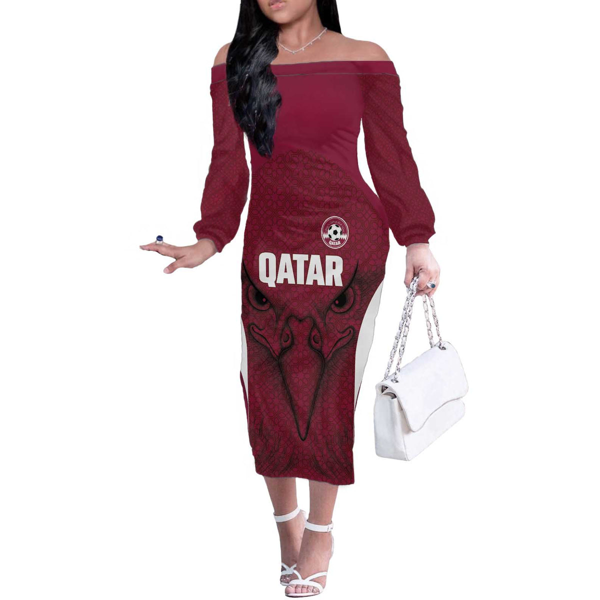 Custom Qatar Football Off The Shoulder Long Sleeve Dress Maroon Falcon Spirit Red Version - Wonder Print Shop