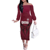 Custom Qatar Football Off The Shoulder Long Sleeve Dress Maroon Falcon Spirit Red Version - Wonder Print Shop