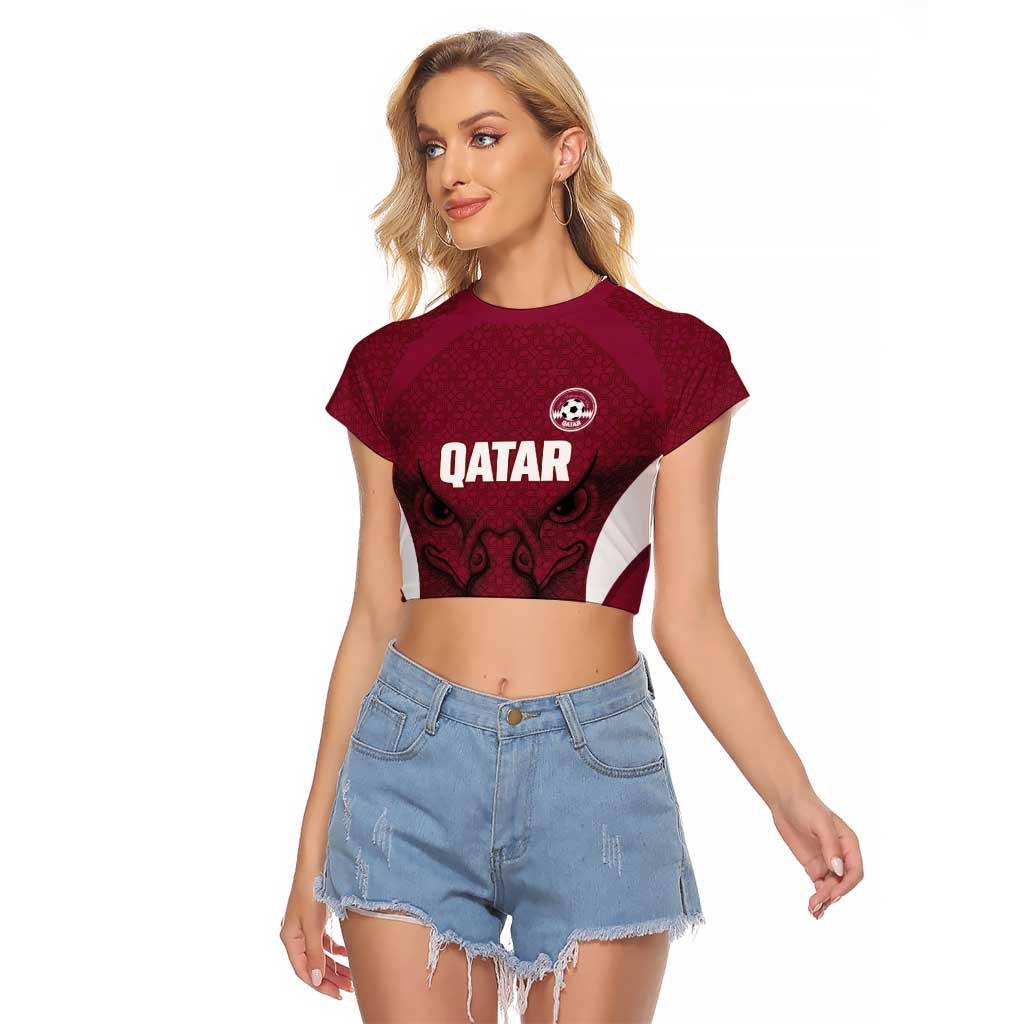 Custom Qatar Football Raglan Cropped T Shirt Maroon Falcon Spirit Red Version - Wonder Print Shop