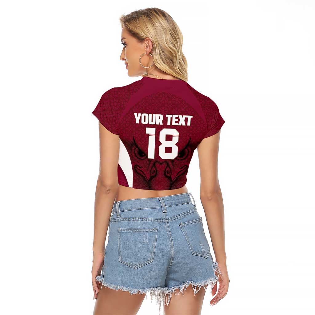 Custom Qatar Football Raglan Cropped T Shirt Maroon Falcon Spirit Red Version - Wonder Print Shop