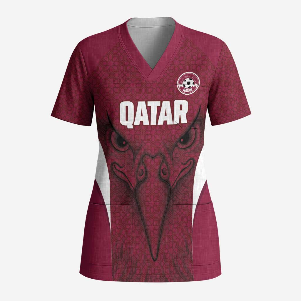 Custom Qatar Football Scrub Top Maroon Falcon Spirit Red Version - Wonder Print Shop