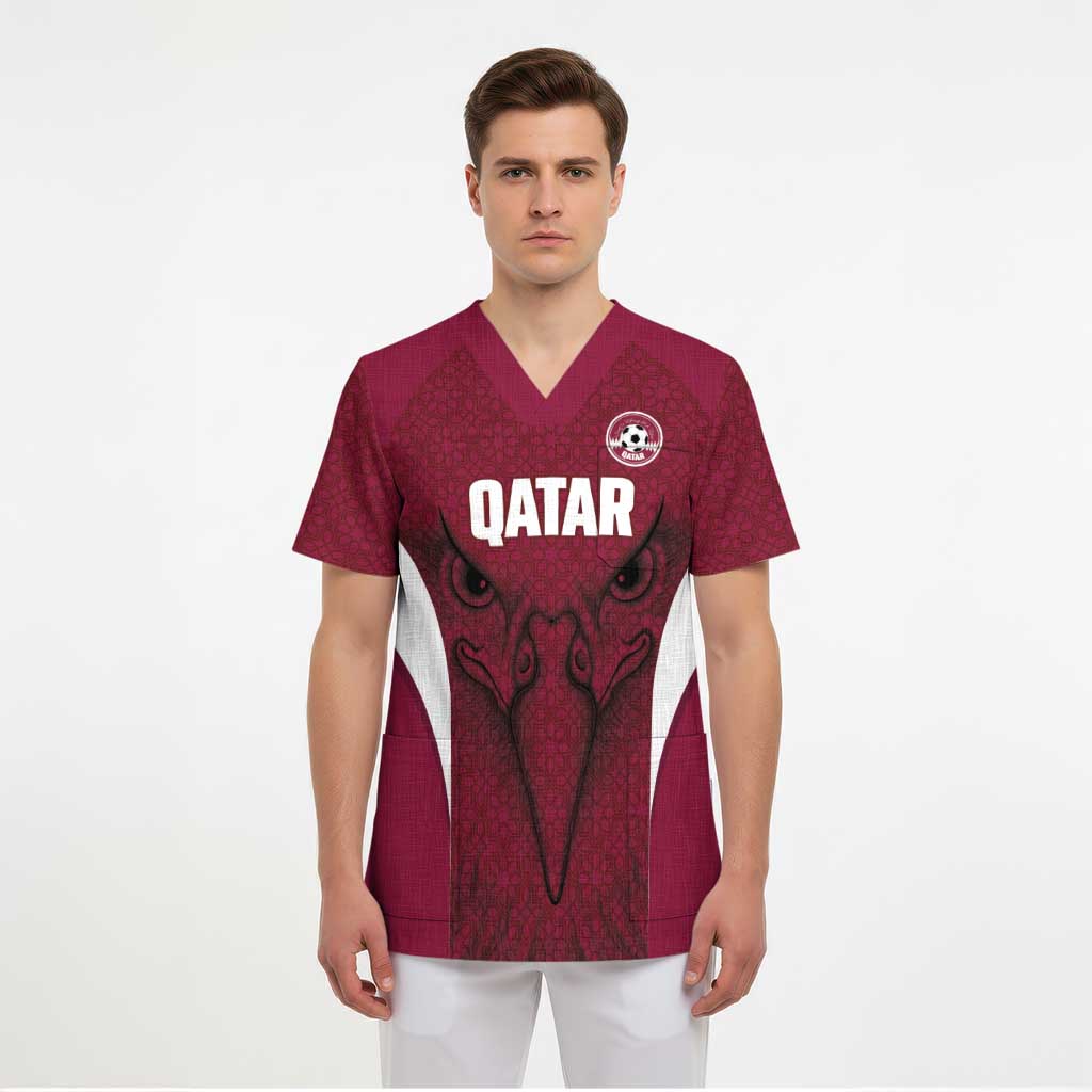 Custom Qatar Football Scrub Top Maroon Falcon Spirit Red Version - Wonder Print Shop