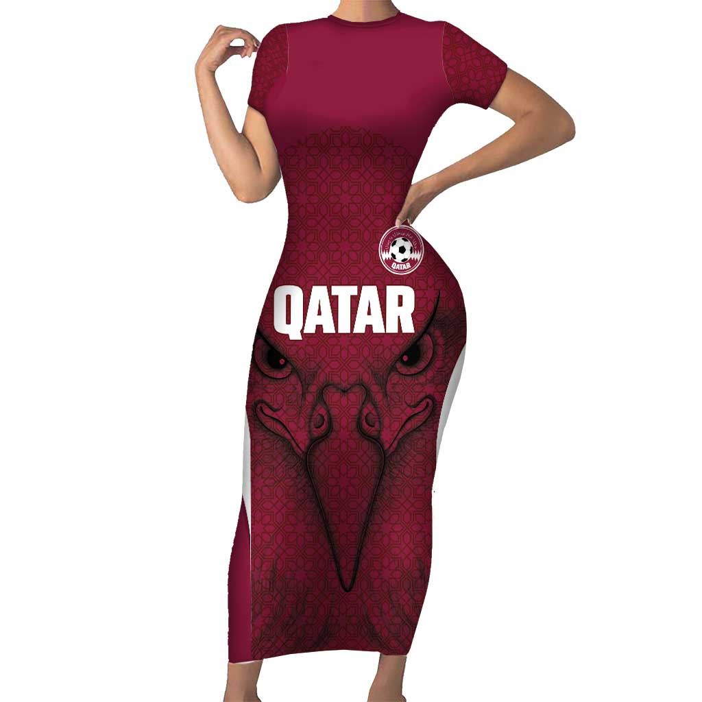 Custom Qatar Football Short Sleeve Bodycon Dress Maroon Falcon Spirit Red Version - Wonder Print Shop
