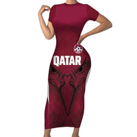 Custom Qatar Football Short Sleeve Bodycon Dress Maroon Falcon Spirit Red Version - Wonder Print Shop