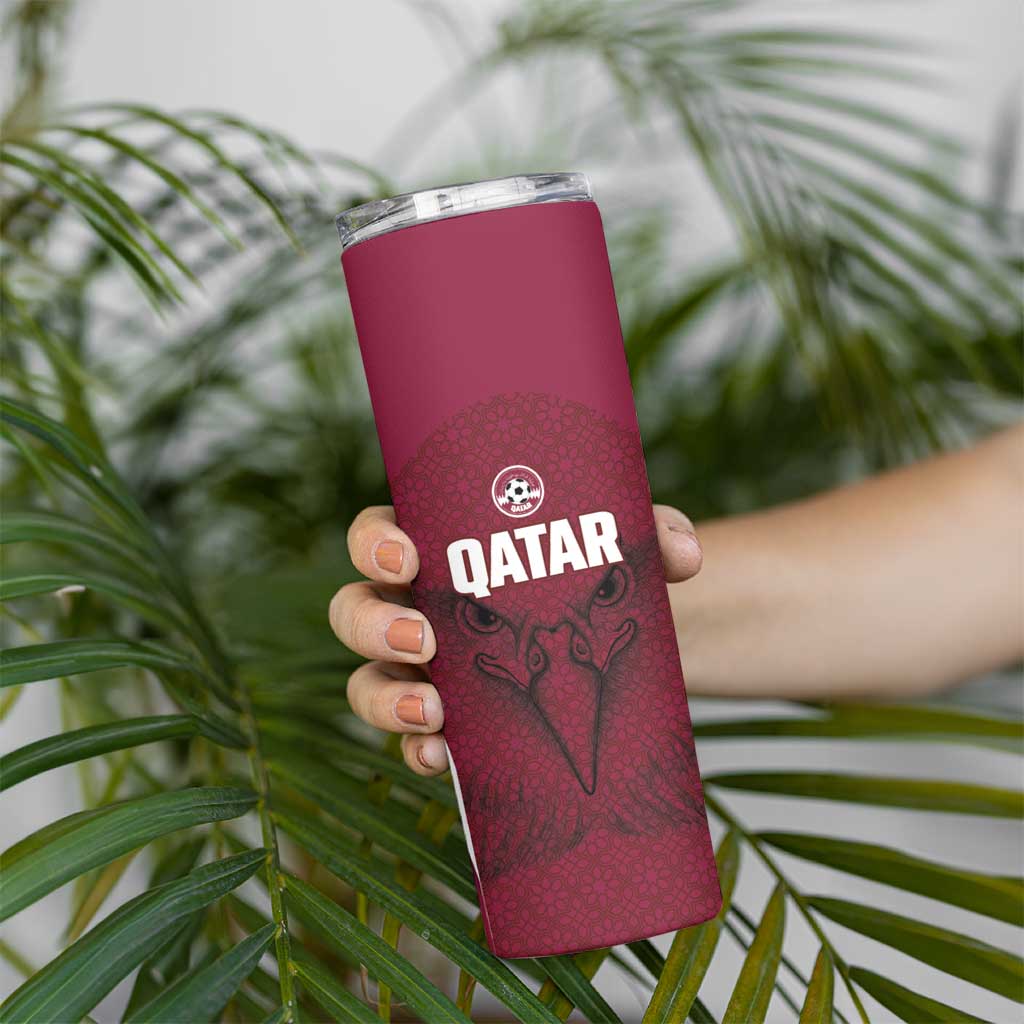Custom Qatar Football Skinny Tumbler Maroon Falcon Spirit Red Version - Wonder Print Shop
