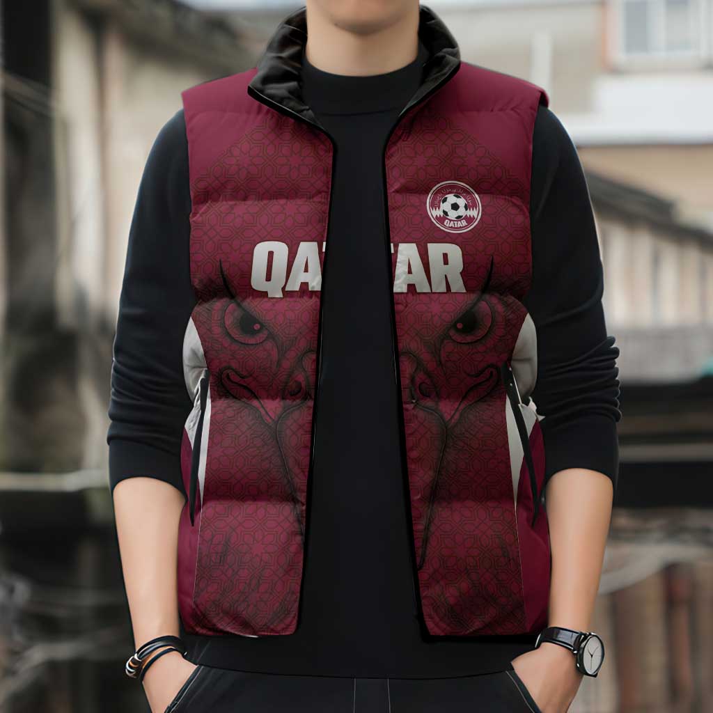 Custom Qatar Football Sleeveless Puffer Jacket Maroon Falcon Spirit Red Version - Wonder Print Shop