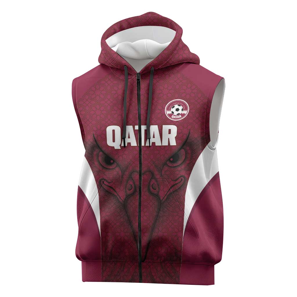 Custom Qatar Football Sleeveless Zip Hoodie Maroon Falcon Spirit Red Version - Wonder Print Shop