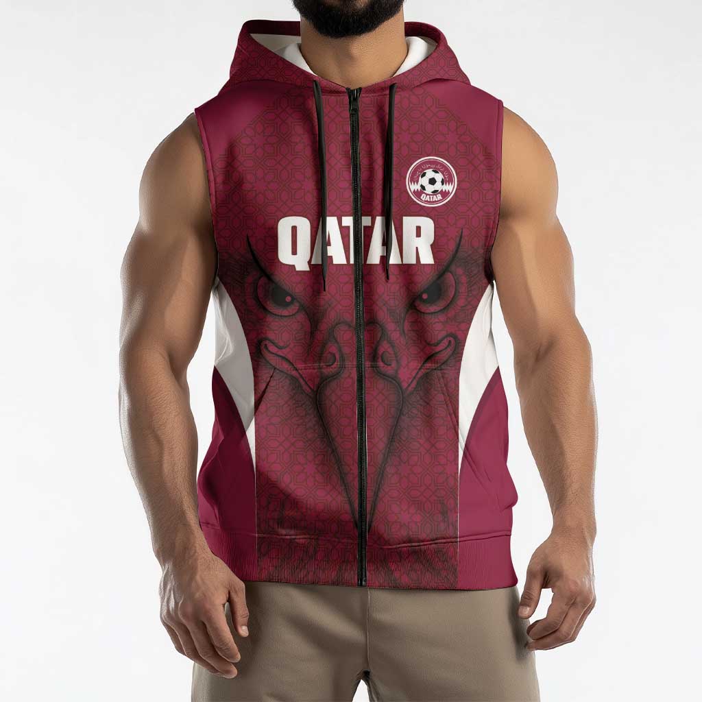 Custom Qatar Football Sleeveless Zip Hoodie Maroon Falcon Spirit Red Version - Wonder Print Shop