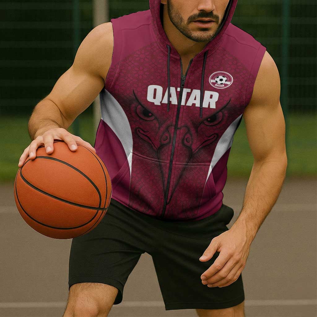 Custom Qatar Football Sleeveless Zip Hoodie Maroon Falcon Spirit Red Version - Wonder Print Shop
