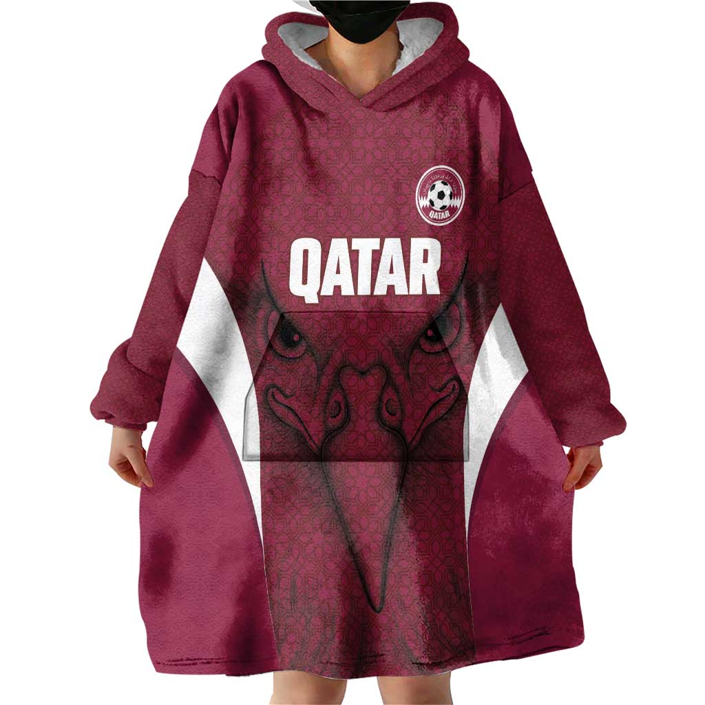 Custom Qatar Football Wearable Blanket Hoodie Maroon Falcon Spirit Red Version - Wonder Print Shop