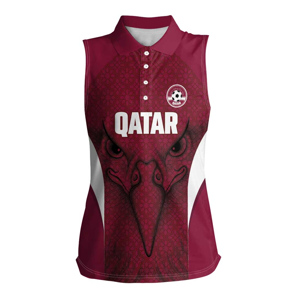 Custom Qatar Football Women Sleeveless Polo Shirt Maroon Falcon Spirit Red Version - Wonder Print Shop