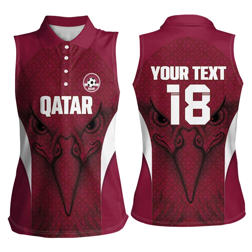 Custom Qatar Football Women Sleeveless Polo Shirt Maroon Falcon Spirit Red Version - Wonder Print Shop