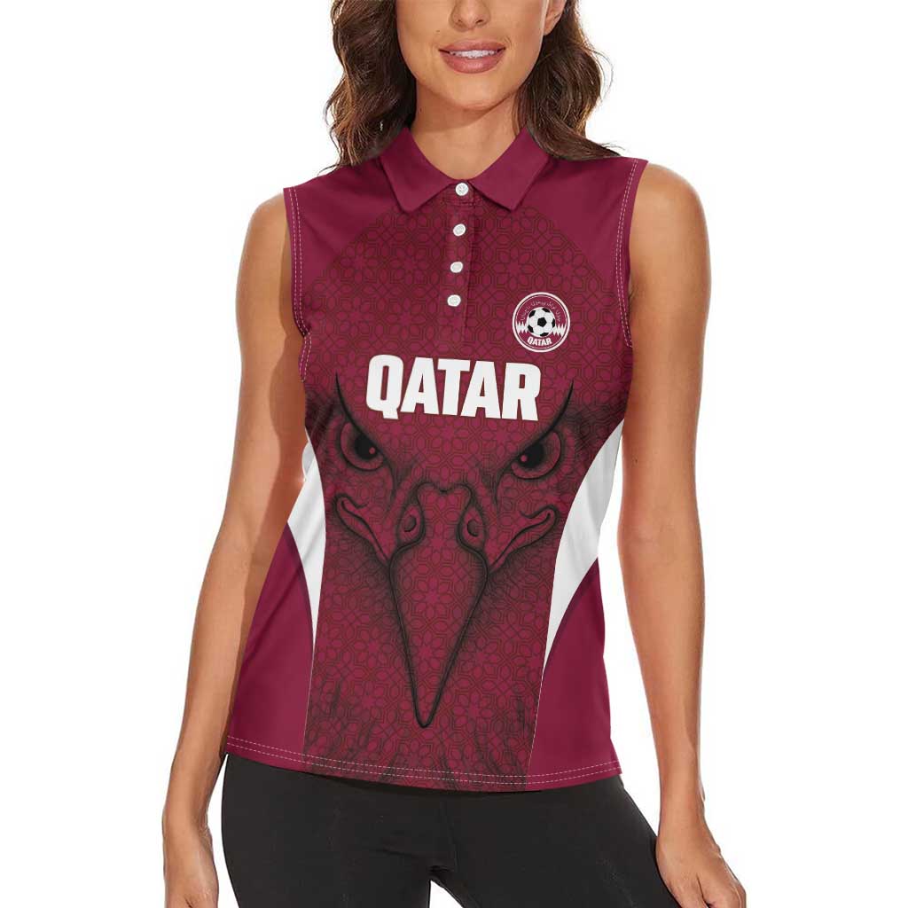 Custom Qatar Football Women Sleeveless Polo Shirt Maroon Falcon Spirit Red Version - Wonder Print Shop