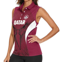 Custom Qatar Football Women Sleeveless Polo Shirt Maroon Falcon Spirit Red Version - Wonder Print Shop