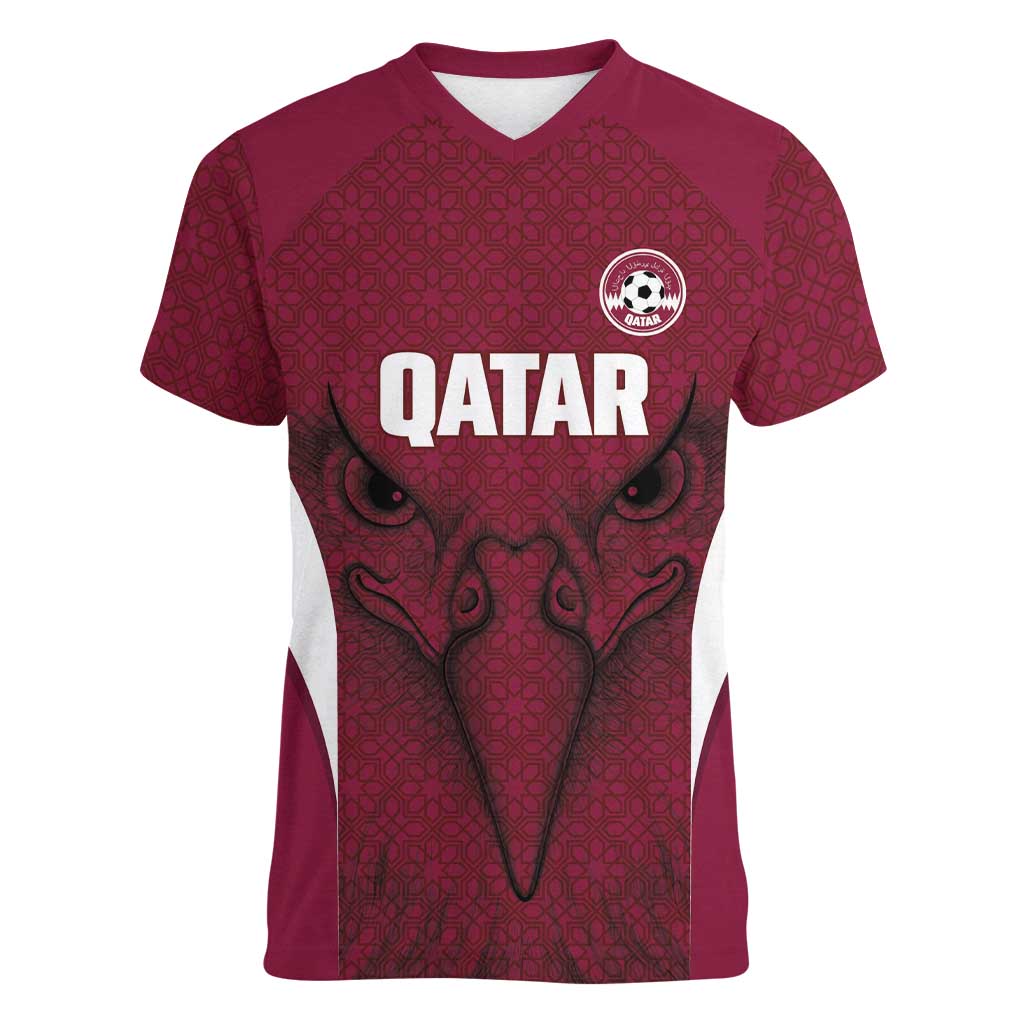 Custom Qatar Football Women V-Neck T-Shirt Maroon Falcon Spirit Red Version - Wonder Print Shop