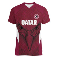 Custom Qatar Football Women V-Neck T-Shirt Maroon Falcon Spirit Red Version - Wonder Print Shop