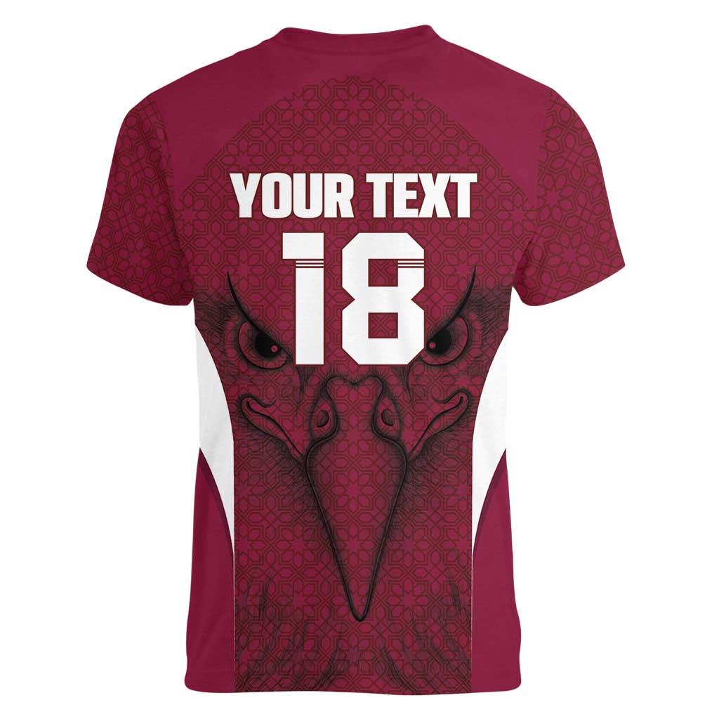 Custom Qatar Football Women V-Neck T-Shirt Maroon Falcon Spirit Red Version - Wonder Print Shop