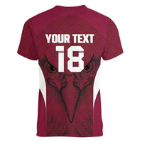 Custom Qatar Football Women V-Neck T-Shirt Maroon Falcon Spirit Red Version - Wonder Print Shop