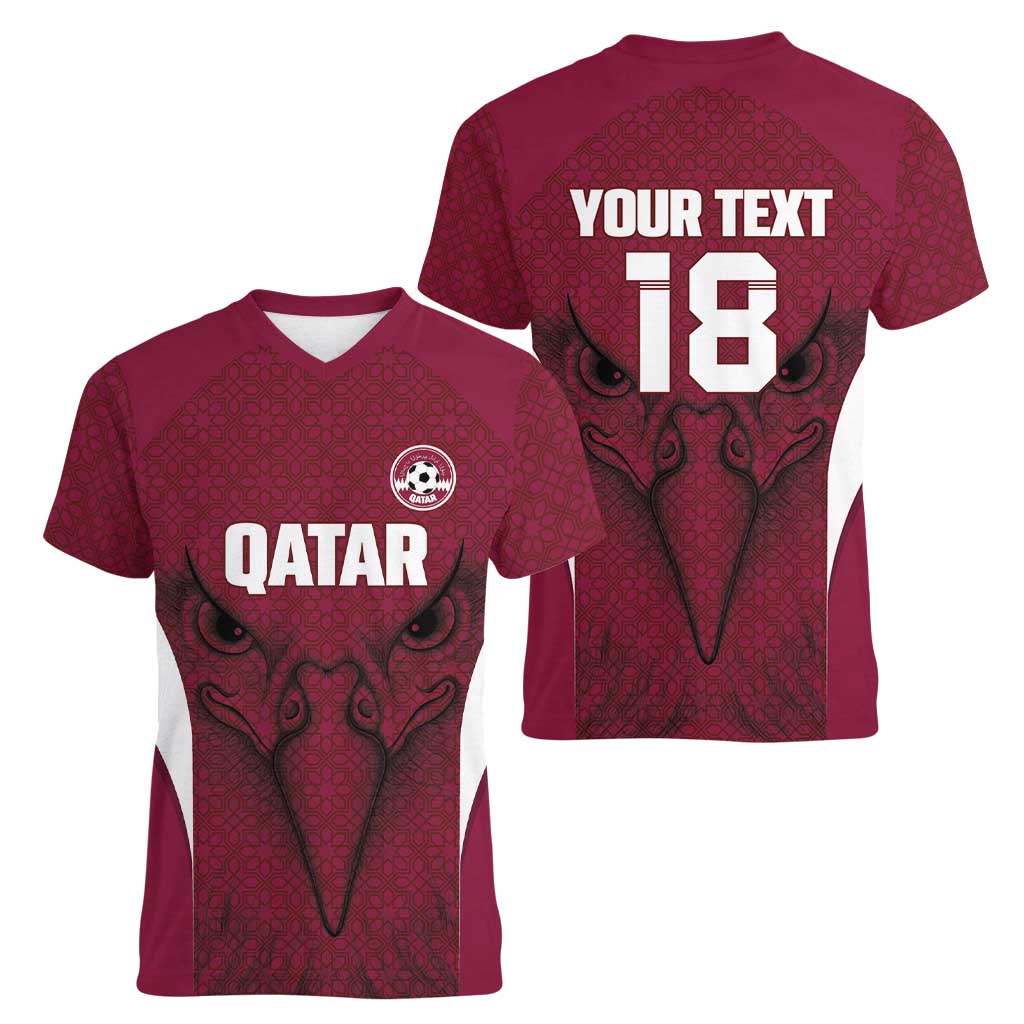 Custom Qatar Football Women V-Neck T-Shirt Maroon Falcon Spirit Red Version - Wonder Print Shop