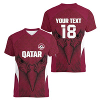 Custom Qatar Football Women V-Neck T-Shirt Maroon Falcon Spirit Red Version - Wonder Print Shop