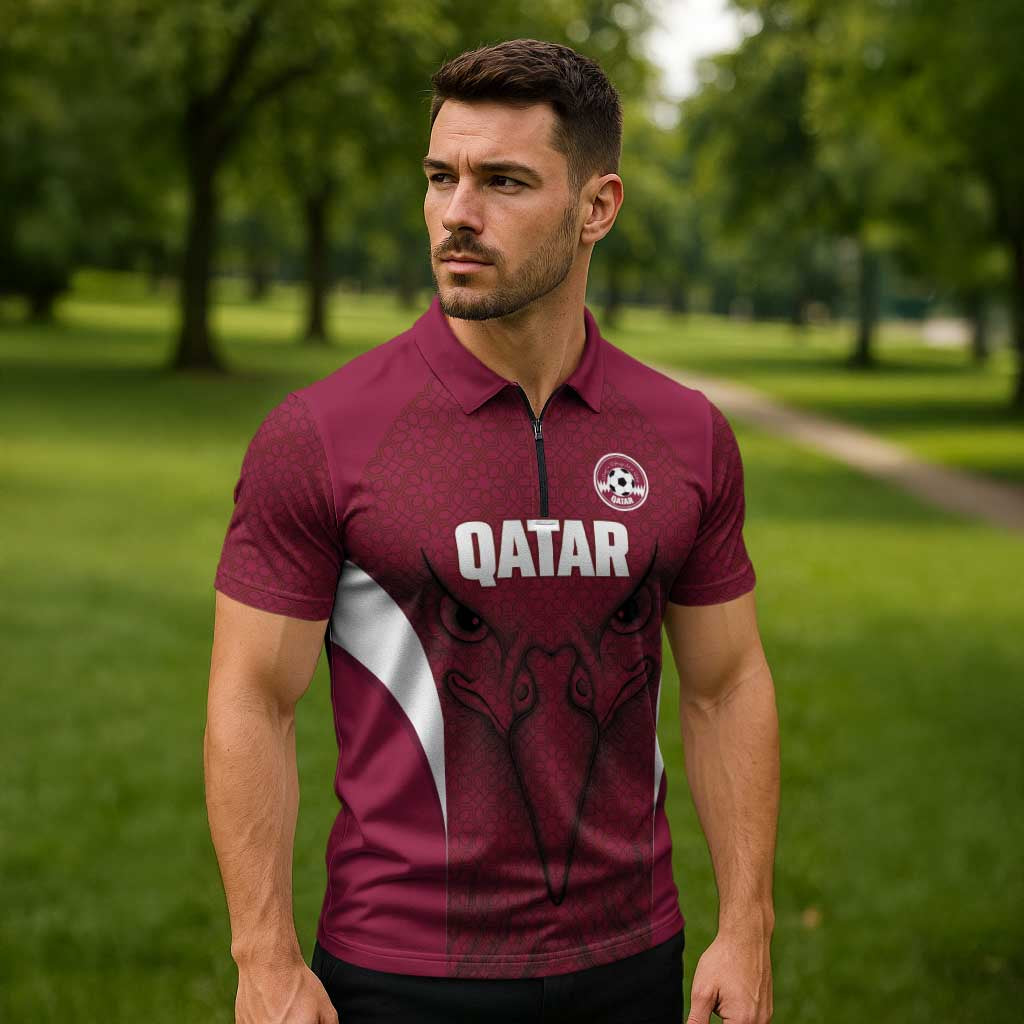 Custom Qatar Football Zipper Polo Shirt Maroon Falcon Spirit Red Version - Wonder Print Shop