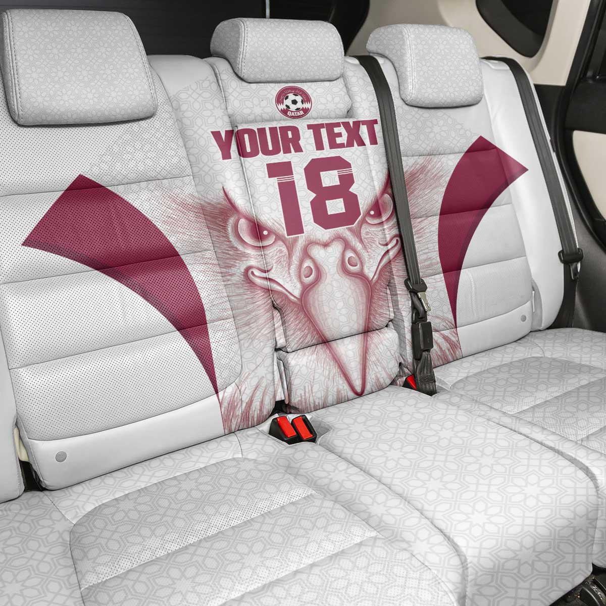 Custom Qatar Football Back Car Seat Cover Maroon Falcon Spirit White Version - Wonder Print Shop
