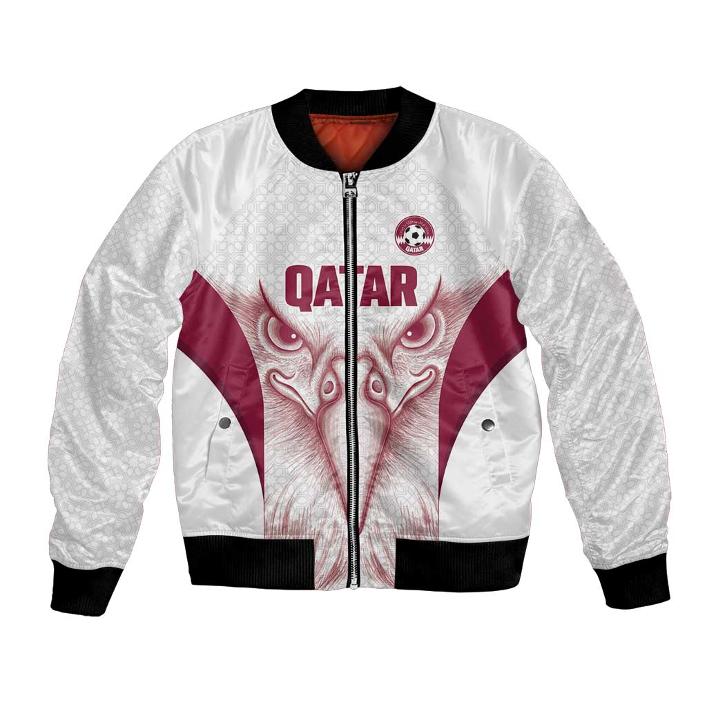 Custom Qatar Football Bomber Jacket Maroon Falcon Spirit White Version - Wonder Print Shop