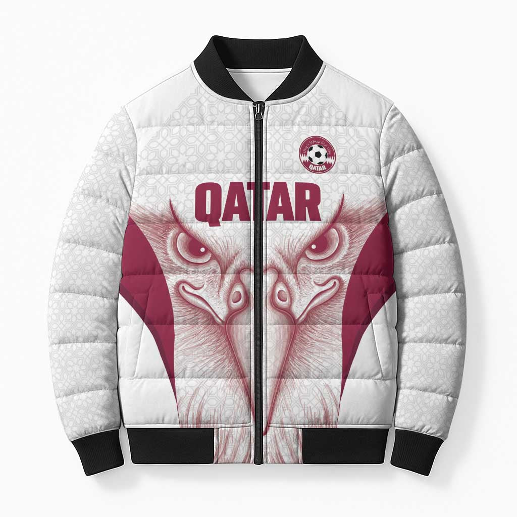 Custom Qatar Football Bomber Puffer Jacket Maroon Falcon Spirit White Version - Wonder Print Shop