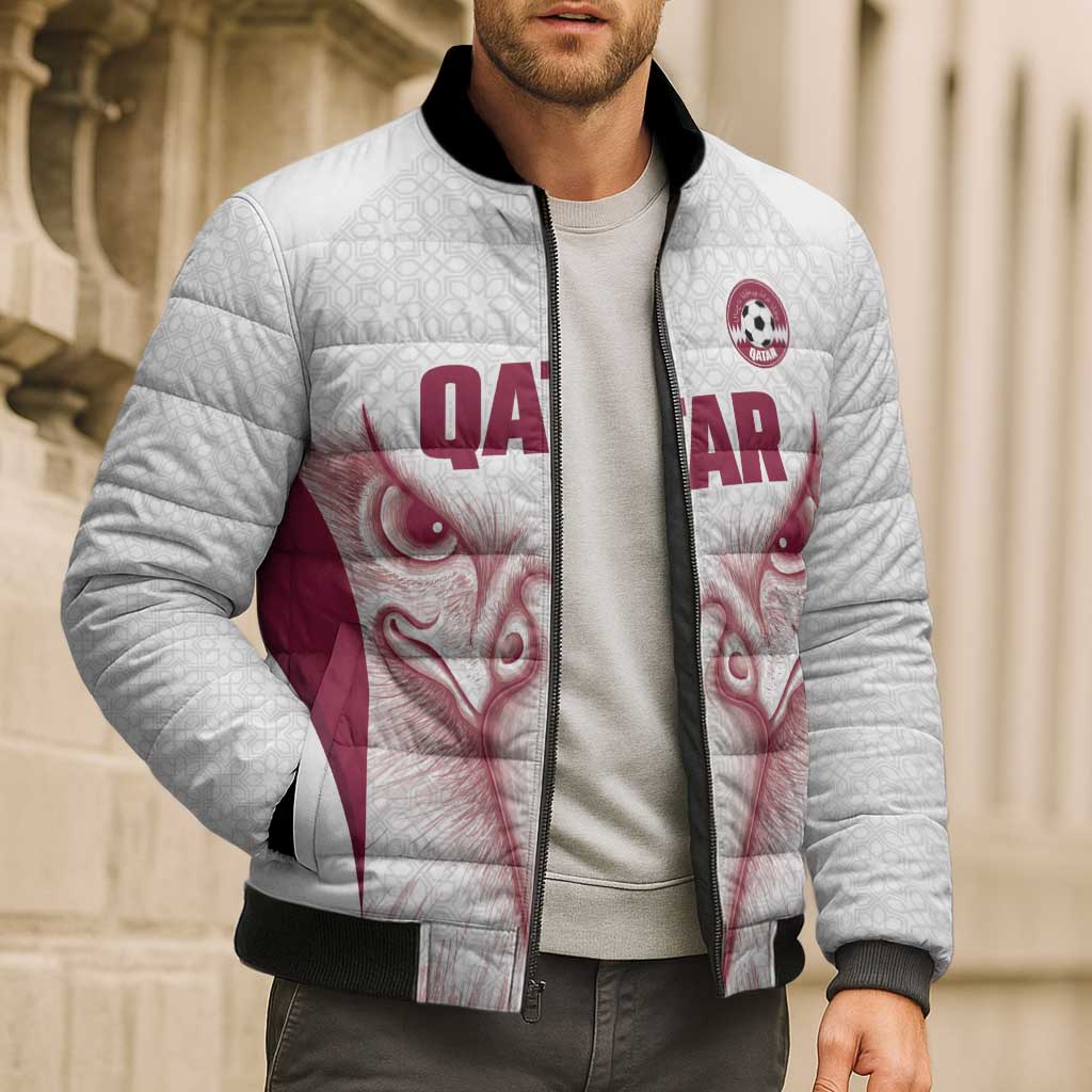 Custom Qatar Football Bomber Puffer Jacket Maroon Falcon Spirit White Version - Wonder Print Shop