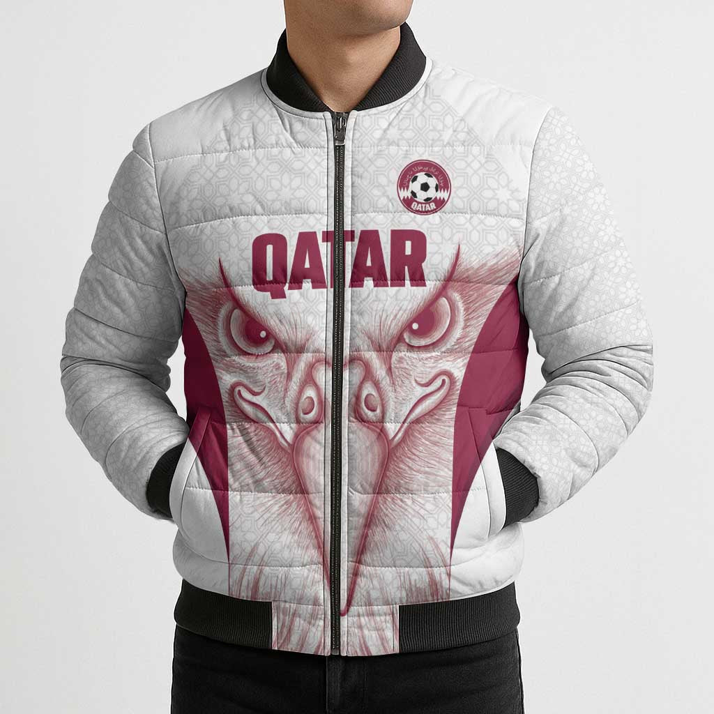 Custom Qatar Football Bomber Puffer Jacket Maroon Falcon Spirit White Version - Wonder Print Shop