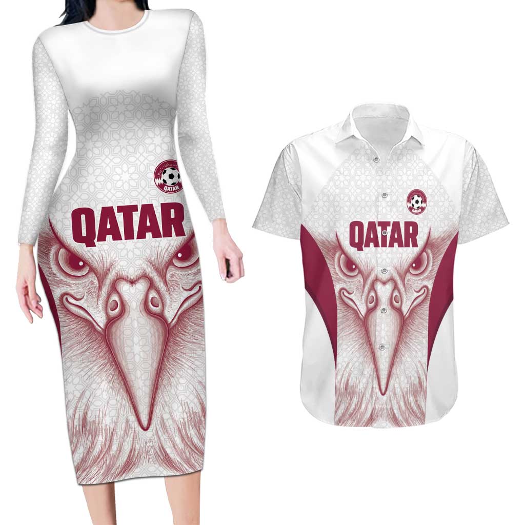 Custom Qatar Football Couples Matching Long Sleeve Bodycon Dress and Hawaiian Shirt Maroon Falcon Spirit White Version - Wonder Print Shop