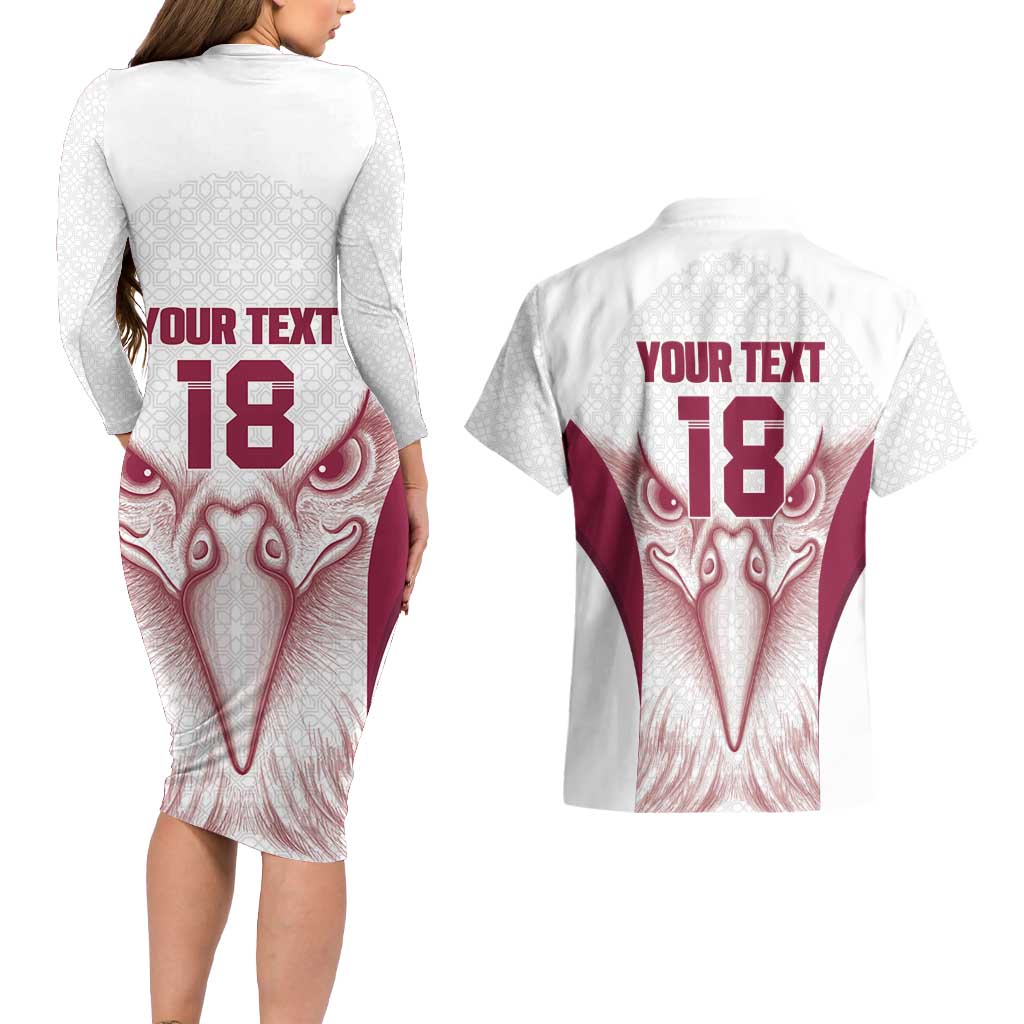 Custom Qatar Football Couples Matching Long Sleeve Bodycon Dress and Hawaiian Shirt Maroon Falcon Spirit White Version - Wonder Print Shop
