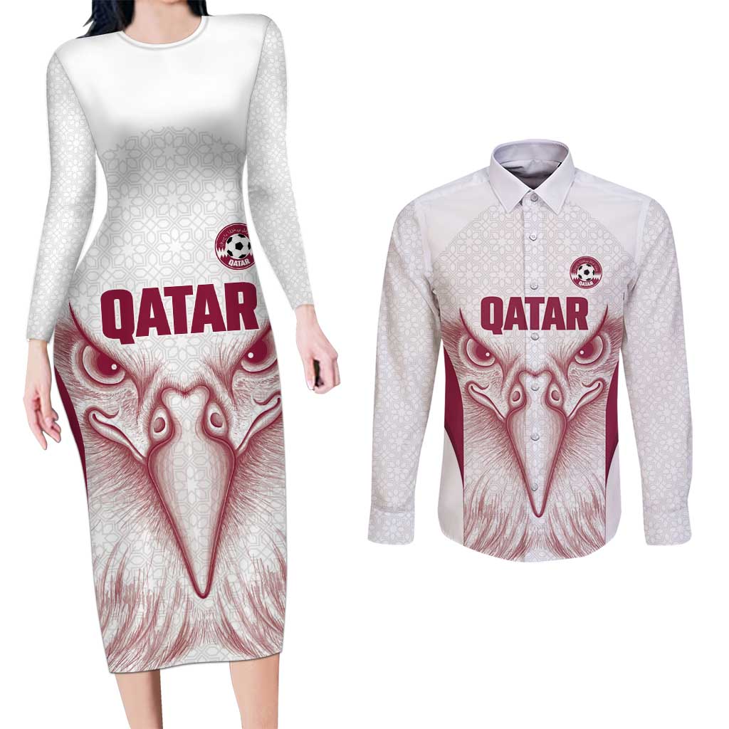 Custom Qatar Football Couples Matching Long Sleeve Bodycon Dress and Long Sleeve Button Shirt Maroon Falcon Spirit White Version - Wonder Print Shop