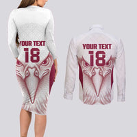 Custom Qatar Football Couples Matching Long Sleeve Bodycon Dress and Long Sleeve Button Shirt Maroon Falcon Spirit White Version - Wonder Print Shop