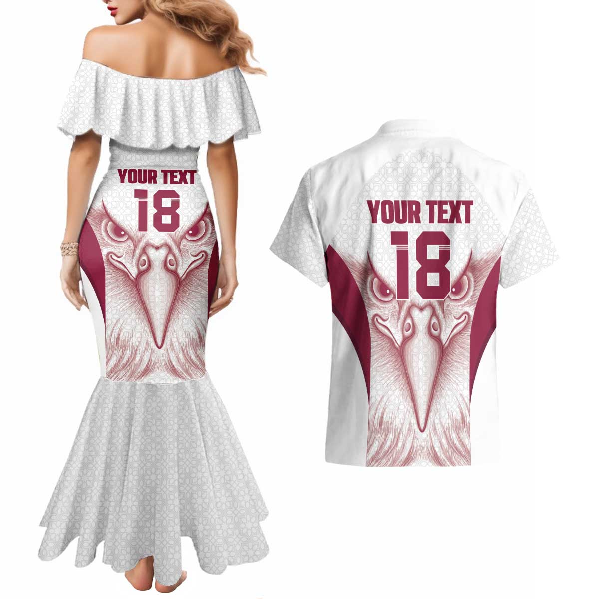 Custom Qatar Football Couples Matching Mermaid Dress and Hawaiian Shirt Maroon Falcon Spirit White Version - Wonder Print Shop