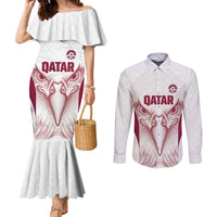 Custom Qatar Football Couples Matching Mermaid Dress and Long Sleeve Button Shirt Maroon Falcon Spirit White Version - Wonder Print Shop